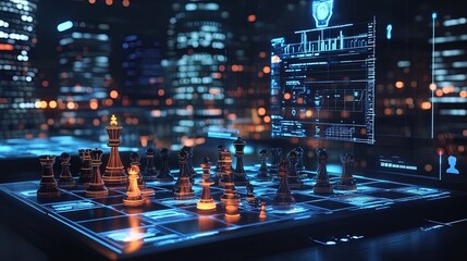 Futuristic Chess Game in a Cyberpunk City