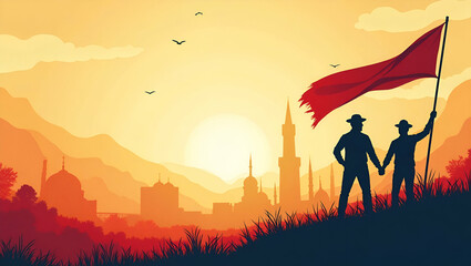 Naklejka premium Display refined labour day banners and flags imagery with striking design elements and vibrant colors that effectively communicate worker solidarity and cultural pride in Photo Stock Concept and em