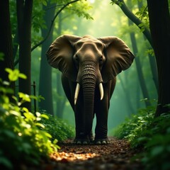 Fototapeta premium Majestic African elephant stands tall on forest floor amidst dense foliage and dappled light, tree, grass