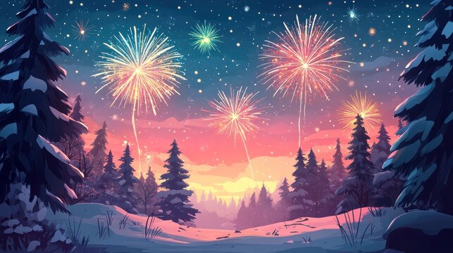Snowy forest fireworks winter night celebration card
