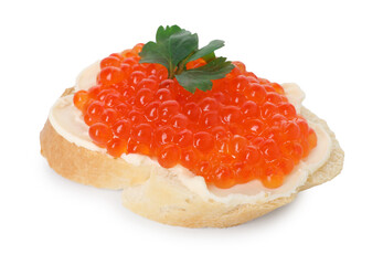 Tasty sandwich with red caviar isolated on white