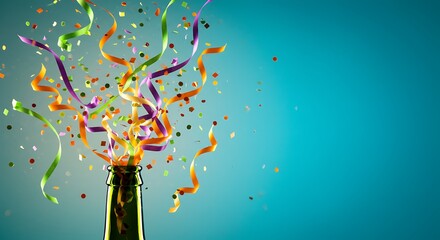 Colorful Confetti Exploding from Green Bottle Against Teal Background