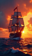 Majestic galleon sets sail against a fiery orange-hued sunset on the open sea, with billowing sails and waves in the background, ocean waves, sunset at sea