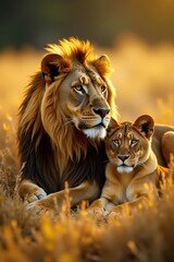 Obraz premium Majestic lion and lioness resting in tall grass, golden light, africa