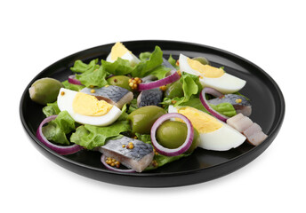 Delicious salad with herring, egg, mustard and vegetables on white background
