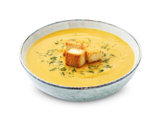 Delicious lentil cream soup with dill and croutons isolated on white