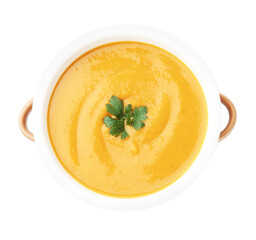 Delicious lentil cream soup with parsley isolated on white, top view