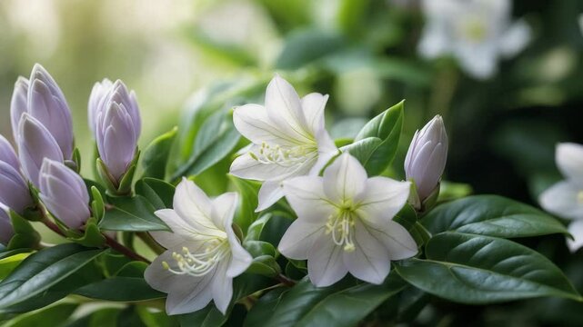 Catawba rhododendron flowers with soft lavender buds opening into bell-shaped white blooms adorned with a greenish-yellow spot in the park.