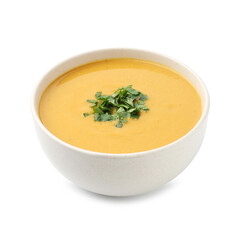 Delicious lentil cream soup with parsley in bowl isolated on white