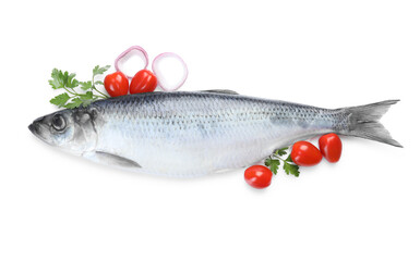 Salted herring, spices and tomatoes on white background, top view