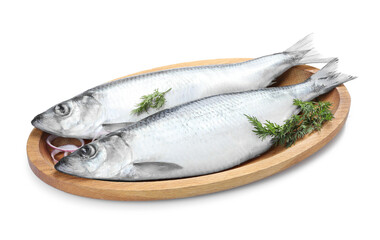 Salted herrings, onion and dill on white background