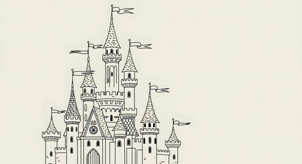 Naklejka premium Castle Outline Illustration with Towers and Flags on Beige Background