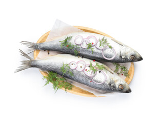 Tasty herrings with spices isolated on white, top view