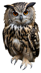 Fototapeta premium Owl with wings partially open, looking straight ahead, isolated on white