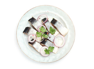Pieces of delicious herring with spices and parsley isolated on white, top view