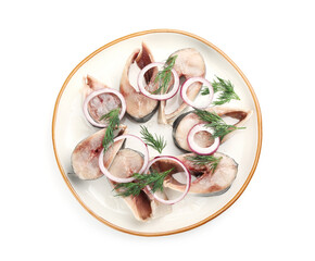 Pieces of delicious herring with onions and dill isolated on white, top view