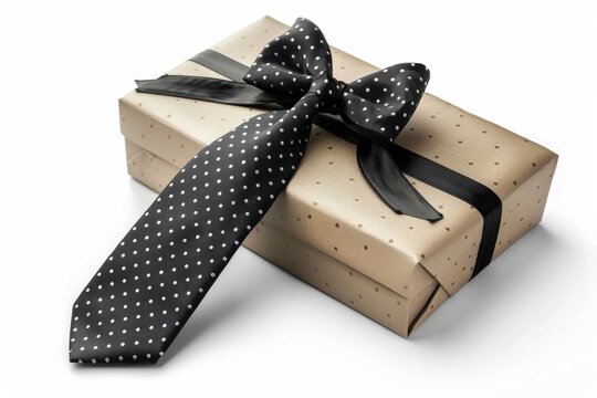 A beautifully wrapped gift with a stylish polka dot tie resting elegantly on top isolated on transparent background