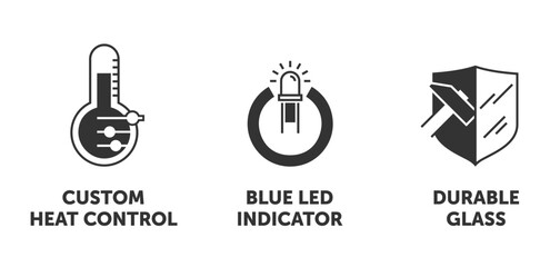 Electric kettle icons set - Custom heat control, Blue led indicator, Durable glass