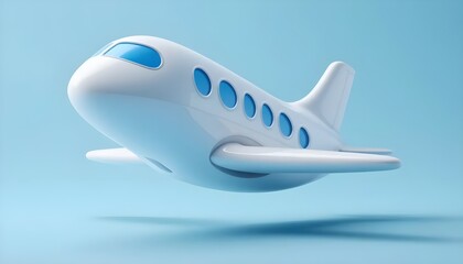 Fototapeta premium White Airplane in Flight: A sleek, white airplane with blue accents soars through the air, representing freedom, travel, and adventure. This whimsical design evokes a sense of joy and anticipation.