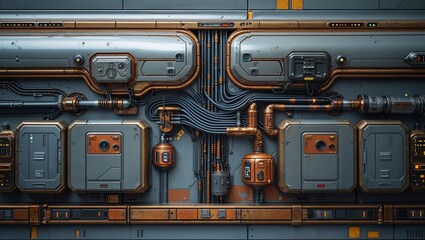 Sci-fi wall paneling with intricate cables, conduits, and metallic details in copper and gray