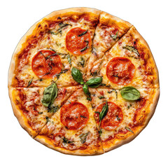 Overhead view of a pepperoni pizza with basil on a black background cut into slices