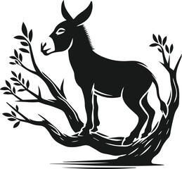 Vector silhouette of a donkey with forest tree
