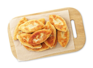 Delicious fried pyrizhky (stuffed pies) isolated on white, top view