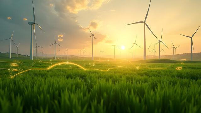 Wind Turbines at Sunset: Sustainable Energy Generation. Wind farm producing clean electricity with futuristic green data streams. Renewable power for a sustainable future.