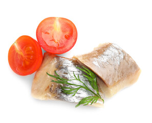 Pieces of delicious herring with tomatoes and dill isolated on white, top view