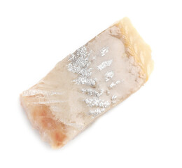 Piece of delicious herring isolated on white, top view