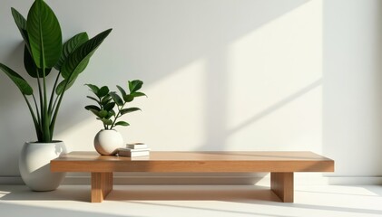 Fototapeta premium Minimalist coffee table with natural wood and plants, wooden furniture, modern design