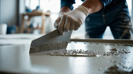 Cement Paste applied by a man's hand creating a trendy surface. Contemporary decorative finish for home interiors. Long-lasting stylish finish, trend, DIY.