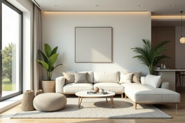 Fototapeta premium Minimalist living room with neutral tones and clean lines, monochromatic palette, clean architecture
