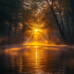 Serene Lake At Sunrise With Golden Light Rays Streaming Through Forest Trees Photo