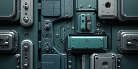 Fototapeta premium Futuristic Metal Surface with Panels and Fasteners, Sci-Fi Detail Background, Tech Texture