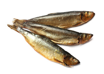 Three tasty smoked herrings on white background, above view