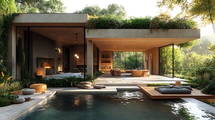 Fototapeta premium Serene Luxury Home With Infinity Pool And Lush Greenery Photo