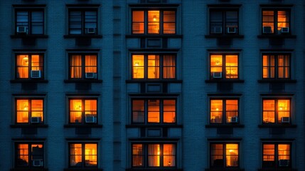 Illuminated apartment building windows at night