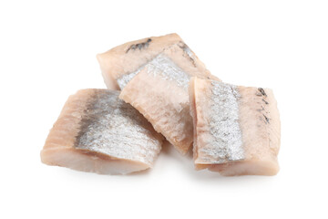 Pieces of delicious herring isolated on white