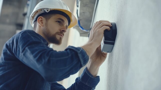 Technician installing a security system at a commercial building. Featuring security and expertise