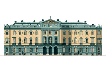 Obraz premium Vector art of a symmetrical European-style palace with blue and yellow tones. Classical architectural elements and arched central entry