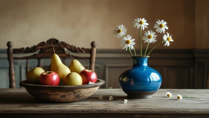still life with flowers and apples