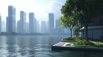 Urban waterfront scene with lush landscaping.