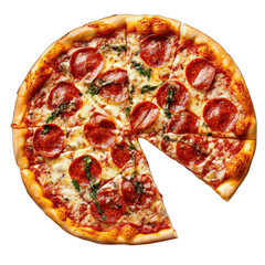 A pepperoni pizza with a slice missing on a black background in a studio shot close up
