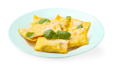 Delicious ravioli with cheese and basil on white background