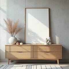 Wooden cabinet, dresser against concrete wall with empty blank mock up poster frame with copy space. Loft home interior design of modern living room.