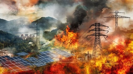 Environmental catastrophe depicted with wildfires, power lines, and solar panels.