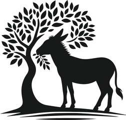 Vector silhouette of a donkey with forest tree
