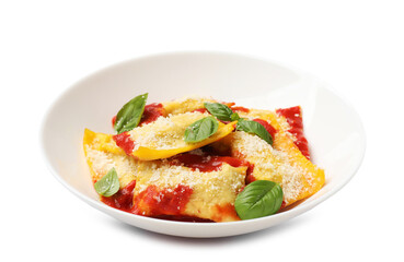 Delicious ravioli with tomato sauce, parmesan cheese and basil isolated on white