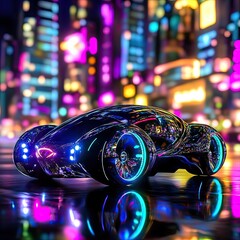 Futuristic vehicle in a vibrant neon cityscape.